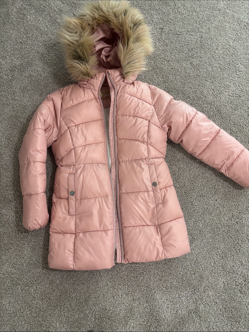 Michael Kors Girls Pink Quilted Hooded Puffer with Faux Fur Trim